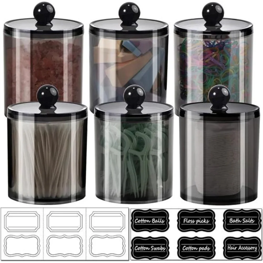 6 Pack of 12 Oz. Qtip Dispenser Apothecary Jars Bathroom with Labels - Holder